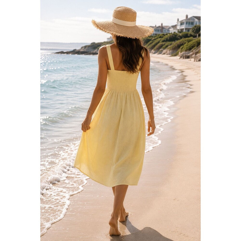 Made in Italy Linen Midi Dress Women Yellow Smocked Boho Sundress Size M - Picture 7 of 16